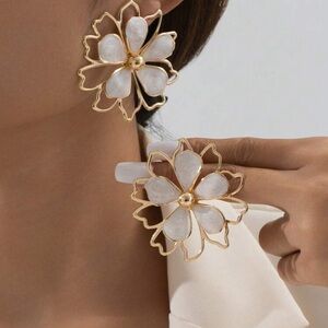 Gold & White Floral Statement Earrings - Elegant Women Jewelry
